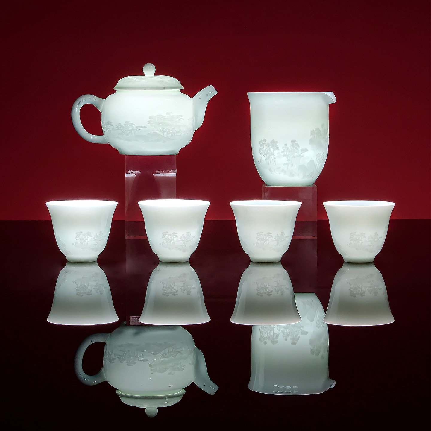 Carved celadon Jingdezhen porcelain tea set