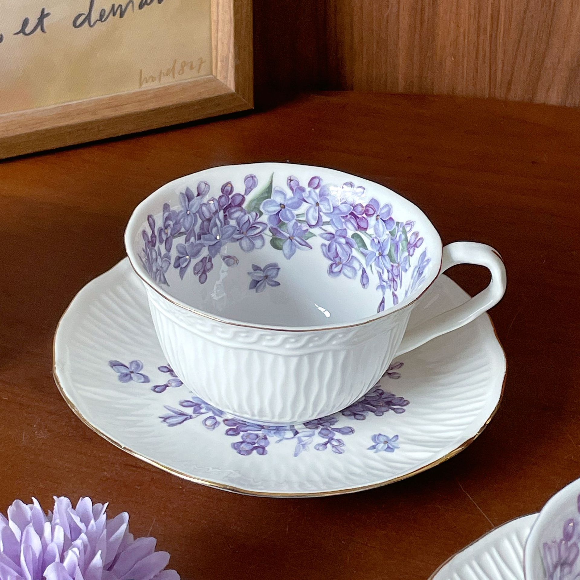 Purple lilac textured porcelain cup and saucer with gold rim