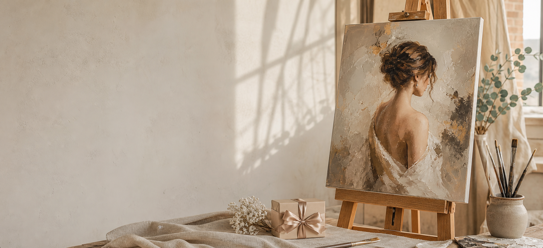 Elegant custom oil portrait displayed in a warm art studio